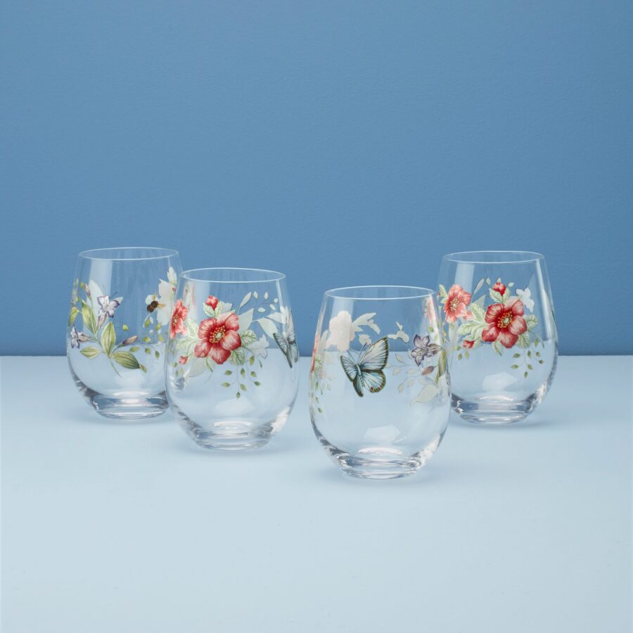 Floral Stemless Wine Glasses - Set of 4