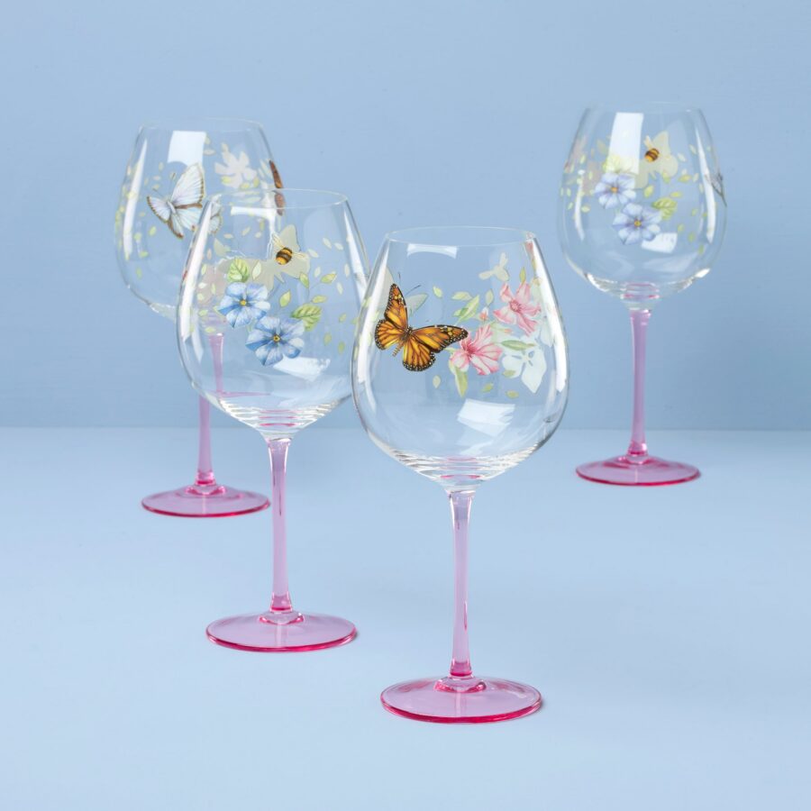 Pink Floral Balloon Wine Glasses - Set of 4