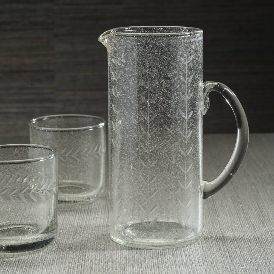 Hand-Etched Leaf Glass Pitcher